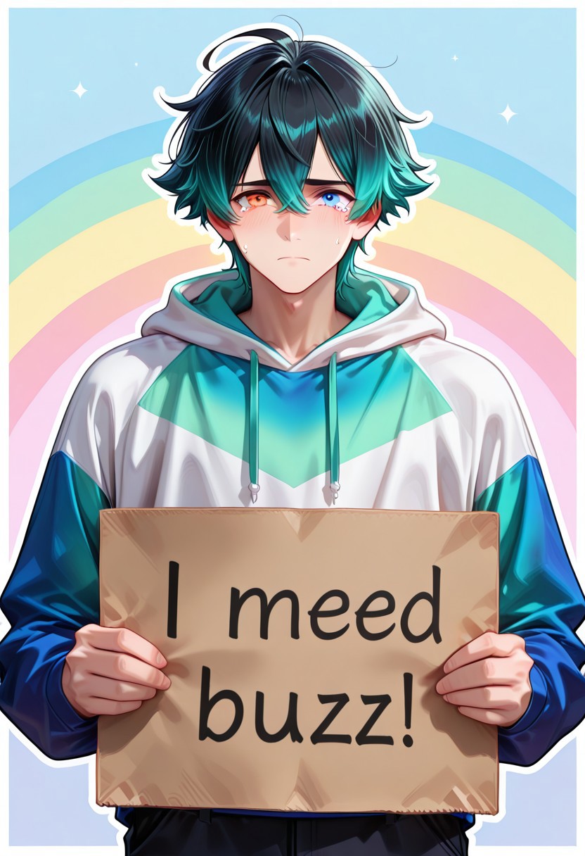 score 9, score 8, score 7, masterpiece, best quality, gorgeous details, best aesthetics, perfect anatomy, perfect proportions, high resolution, anime illustration of a man, white border, white outline, 1 boy, male forum, solo, sad, serious, tears, colored hair, random hair color, random eye color, green hair, black hair, multicolored hair, blue eyes, orange eyes, pastel colors, rainbow background, a multicolored hoodie with an iridescent gradient, In his hands he holds a cardboard sign with the inscription "need_buzz" and heart , on which it says