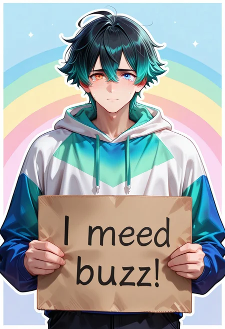 score 9, score 8, score 7, masterpiece, best quality, gorgeous details, best aesthetics, perfect anatomy, perfect proportions, high resolution, anime illustration of a man, white border, white outline, 1 boy, male forum, solo, sad, serious, tears, colored hair, random hair color, random eye color, green hair, black hair, multicolored hair, blue eyes, orange eyes, pastel colors, rainbow background, a multicolored hoodie with an iridescent gradient, In his hands he holds a cardboard sign with the inscription "need_buzz" and heart , on which it says