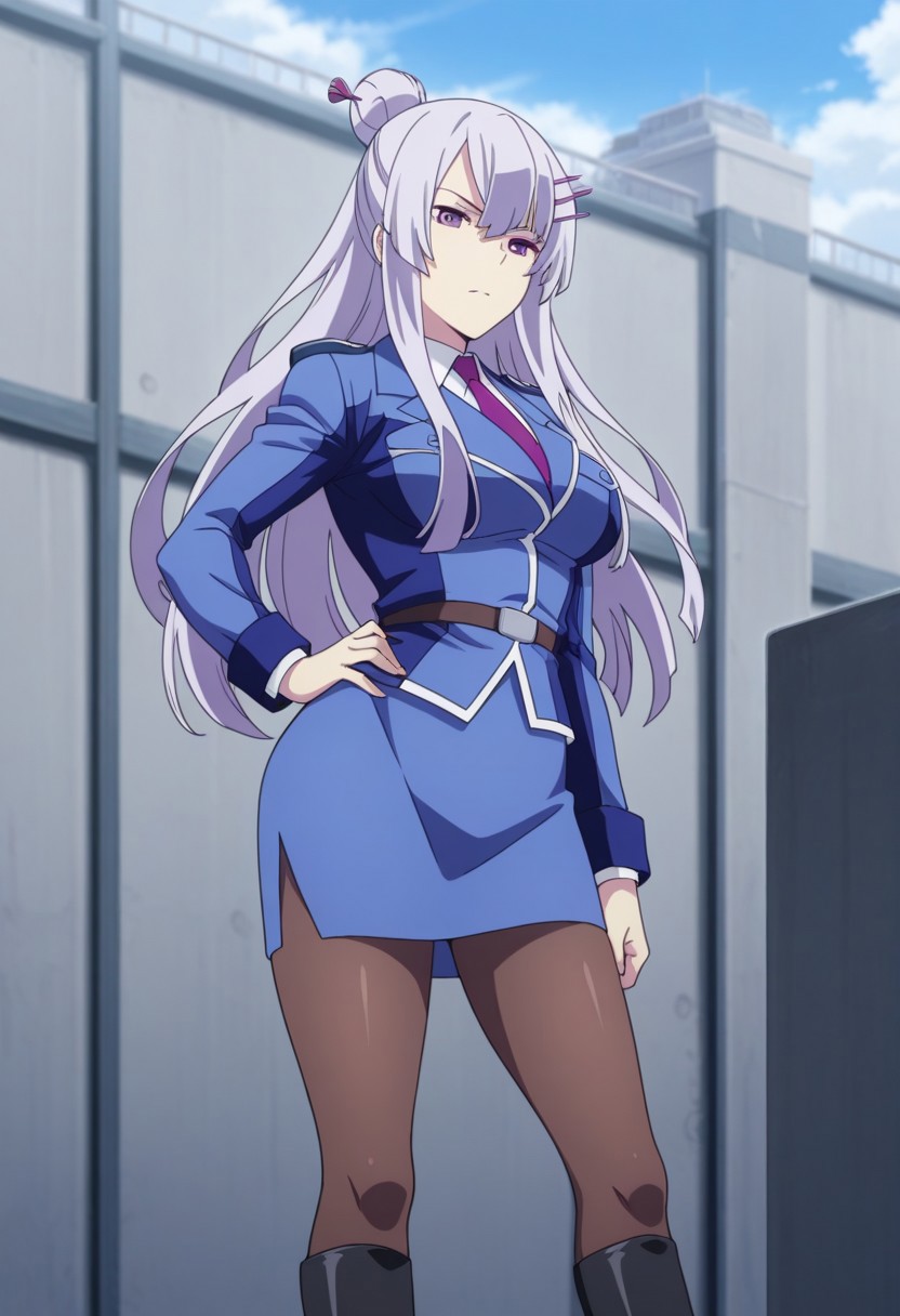 masterpiece,best quality,amazing quality, source_anime, 
Froleytia, 1girl, solo, purple eyes, purple hair, long hair, hair ornament, single hair bun, hair stick, uniform, shirt, white shirt, collared shirt, necktie, purple necktie, jacket, blue jacket, belt, skirt, blue skirt, brown pantyhose, knee boots, black footwear, hand on hip,
outdoor,