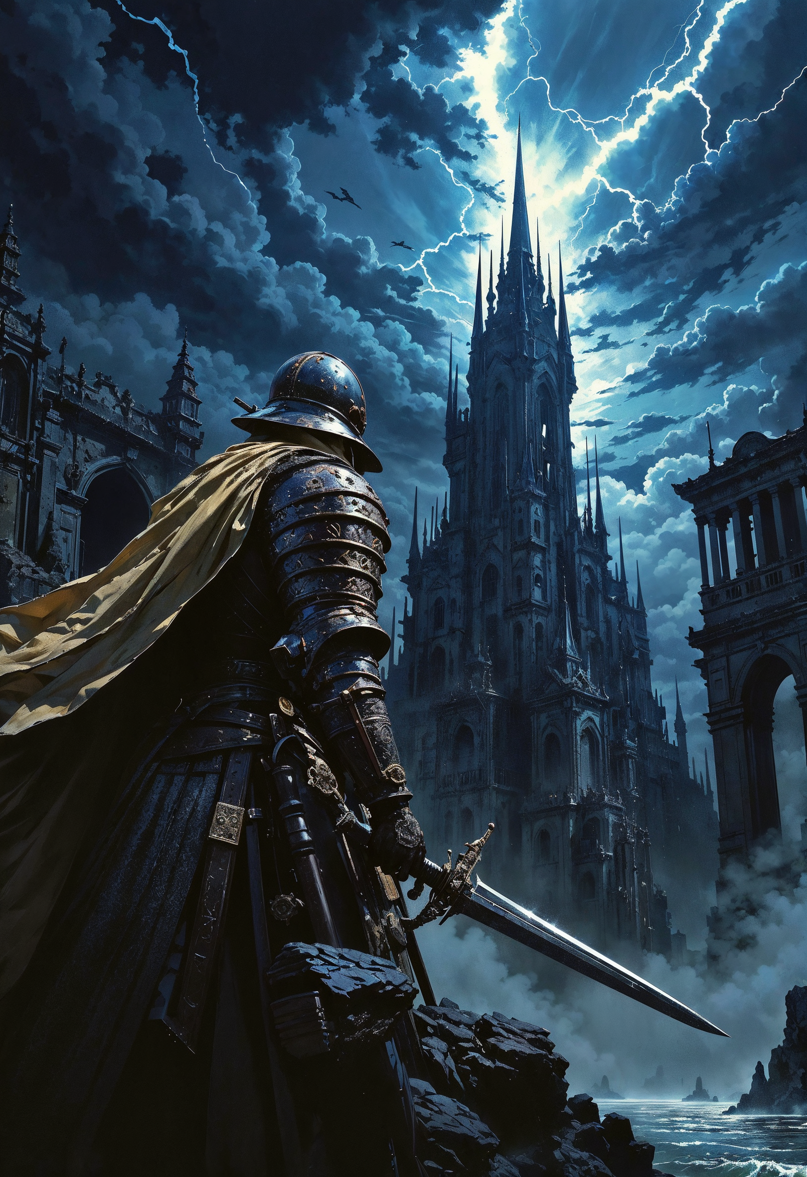 (in Otomo Katsuhiro style:1.4), high-quality, masterpiece, Photo of an ancient knight in battle-worn armor, standing before a crumbling castle, his sword raised to the sky as storm clouds gather above, lightning strikes in the background, Style is Dark medieval with dramatic tension, Lighting is High contrast with sharp highlights, Dramatic sky, stormy atmosphere, low-angle shot, intense focus, (elaborately detailed attire with extraordinary elements:1.1), (hyperdetailed:1.1), (intricate details:1.0), (Refined details:1.1), (best quality:1.1), (high resolution:1.2)