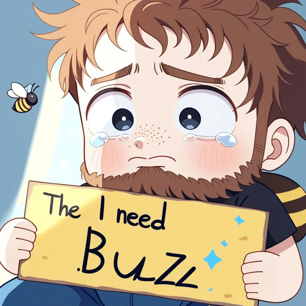 1boy, solo, white skin, freckles, brown hair, messy hair, facial hair, chin scruff, black t-shirt, blue pants, big eyes, cute, tears, black eyes, dilated pupils, English text, Holding a sign that reads the text: "I need Buzz", handwritten text, bee, buzz