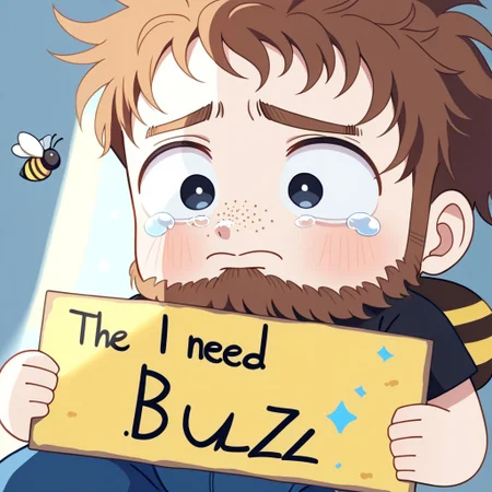 1boy, solo, white skin, freckles, brown hair, messy hair, facial hair, chin scruff, black t-shirt, blue pants, big eyes, cute, tears, black eyes, dilated pupils, English text, Holding a sign that reads the text: "I need Buzz", handwritten text, bee, buzz