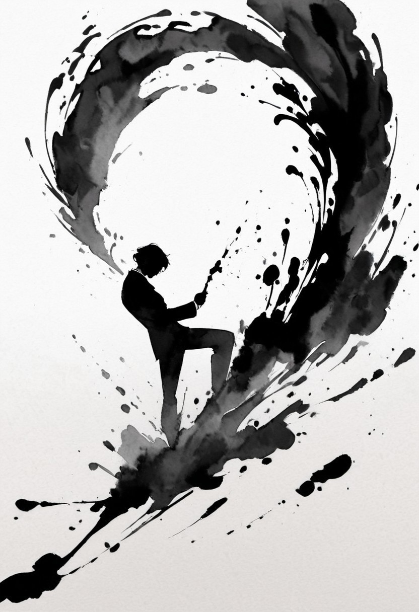 (best quality), watercolor style, ink splashes, silhouette art, Cyberpunk executive in a fancy black suit with subtle gold accents. ultra highres, absurdres, ink-painting, ink wash,, ink wash painting,, white background,, SLPASHTER_3-7000, zavy-slhtt, black silhouette, monochrome