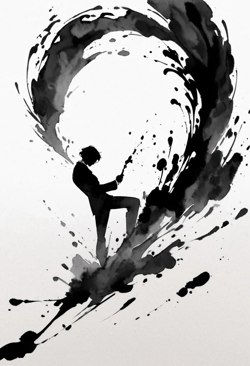(best quality), watercolor style, ink splashes, silhouette art, Cyberpunk executive in a fancy black suit with subtle gold accents. ultra highres, absurdres, ink-painting, ink wash,, ink wash painting,, white background,, SLPASHTER_3-7000, zavy-slhtt, black silhouette, monochrome