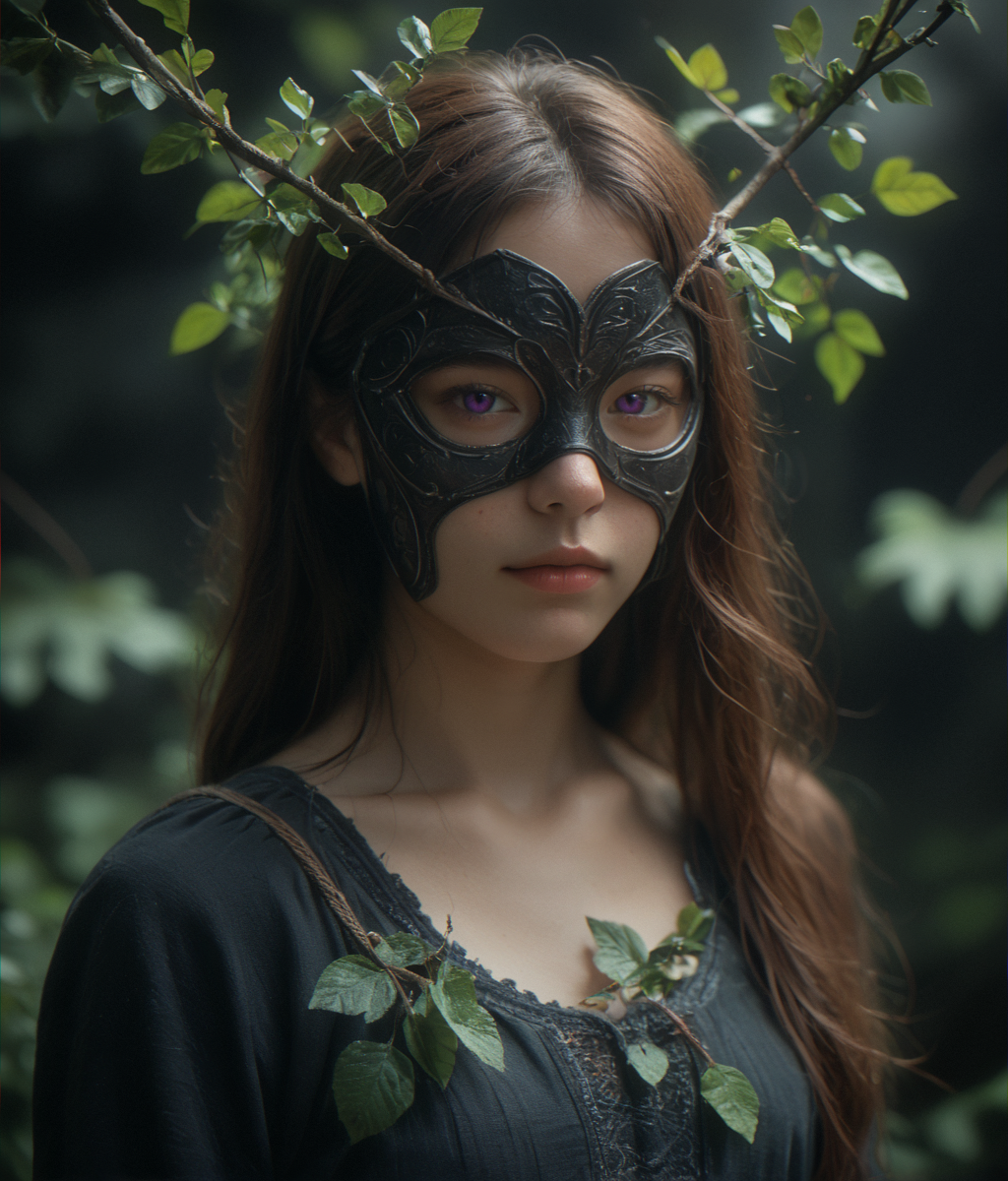 (score_9,score_8_up,score_7_up),
photorealistic, photography, depth of field, cinematic,
looking at viewer, freckles, dark mask,
dark, moody, brambles, branches, leaves, ensnared, surrounded, 
night, dark background, black background,