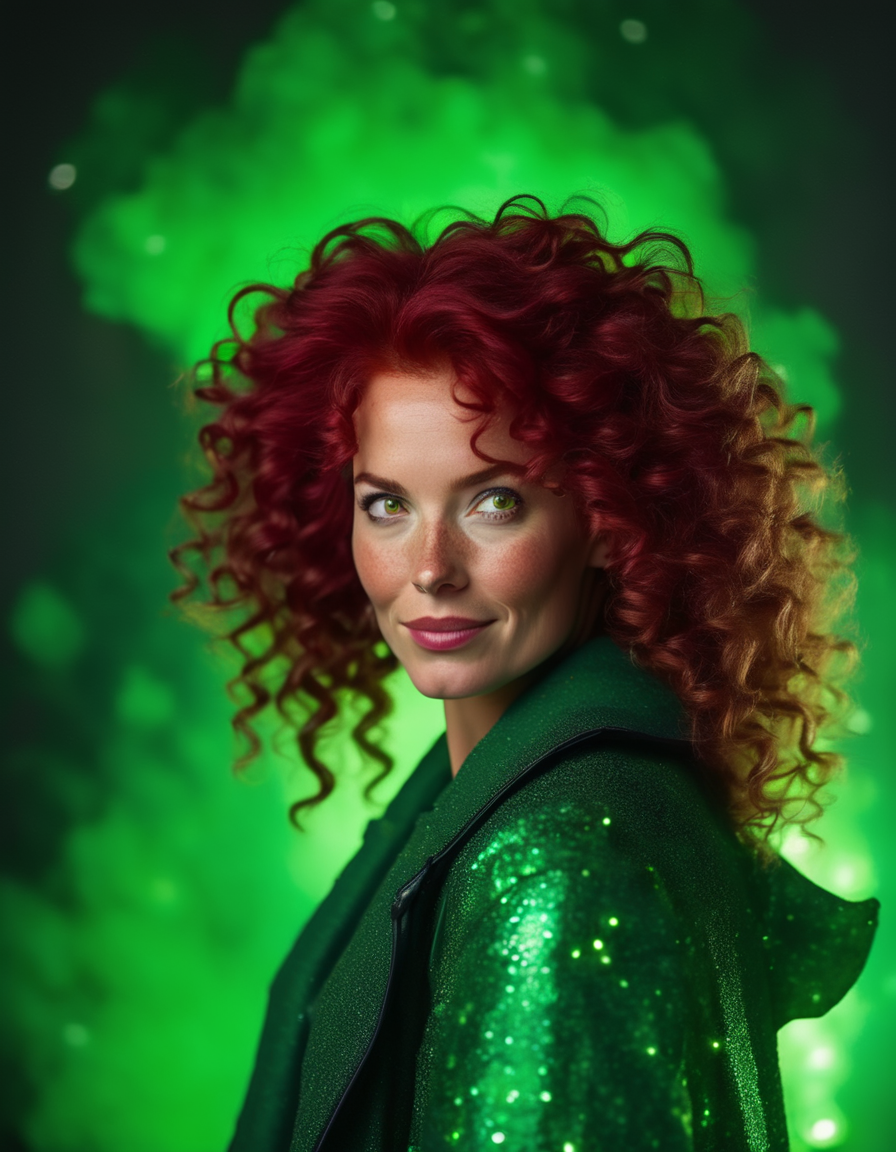 A portrait of a woman with thick, curly red hair cascading over her shoulders, her green eyes sparkling with mischief, and a confident, knowing smirk. <lora:usual-portrait-v2:1>
