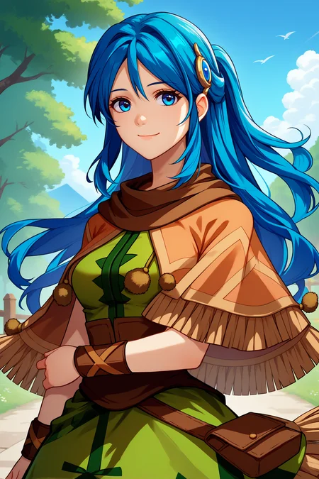 score_9, score_8_up, score_7_up, score_6_up, source_anime, 1girl, solo, <lora:ystia-pdxl-nvwls-v1-000005:1> ystia, blue hair, long hair, ponytail, blue eyes, hair ornament, brown capelet, brown scarf, green and brown dress, bracelet, breasts, looking at you, happy, closed mouth, smile, upper body, forest, village, blue sky, clouds