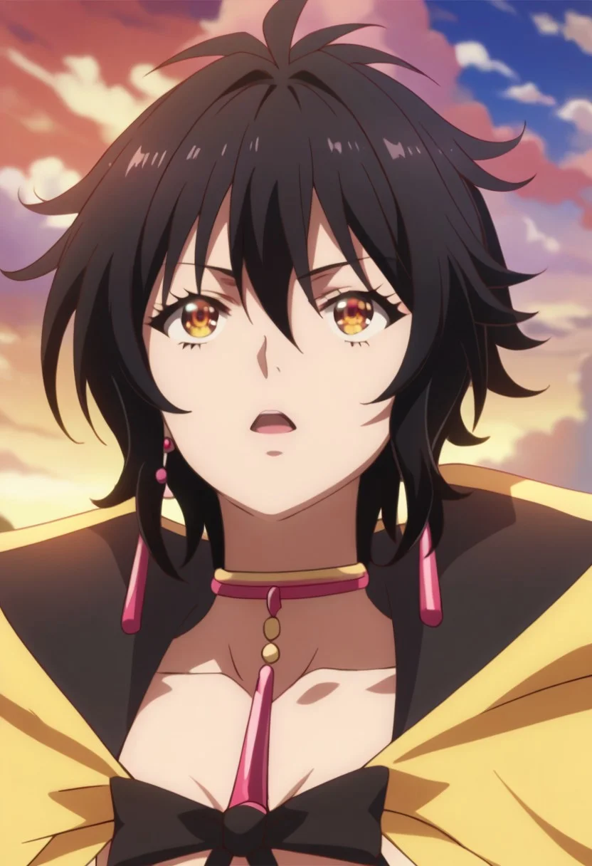 score_9,score_8_up,score_7_up,source_anime,Lemia (Isekai Cheat Magician),1girl,solo,open mouth,1boy,jewelry,collarbone,upper body,male focus,earrings,parted lips,sky,choker,cloud,parody,portrait,looking up,