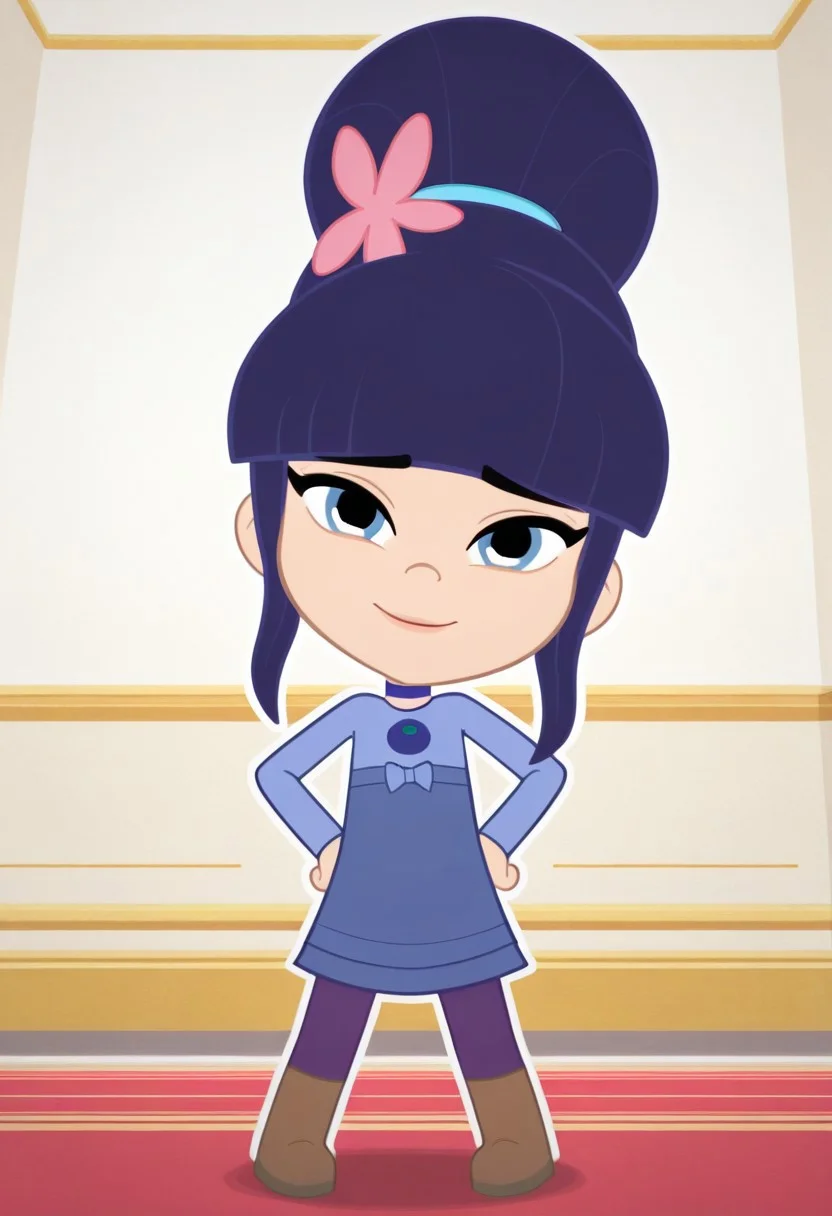 Chb3Hi3, Chibi, cute, masterpiece,best quality,amazing quality, invert, Blueberry_Muffin, 1girl, solo, dark blue hair, very big bun, flat bangs, light skin, blue-grey eyes, light blue hair tie, light pink flower, dark blue choker, blue long-sleeve dress, light purple leggings, brown boots,(dutch angle, Hands on hips,naughty pose, looking at viewer, indoors, elegant room, solo, dynamic pose, full body, head tilt,),((white background, White frame, white outline))