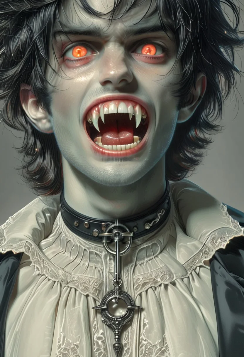 vampire with piercing fangs made of ral-glydch, sharp focus, masterpiece, sharp details, sfw, focus on face,, ral-czmcrnbw, perfecteyes, Perfect Fangs, fangs, sharp teeth, fang