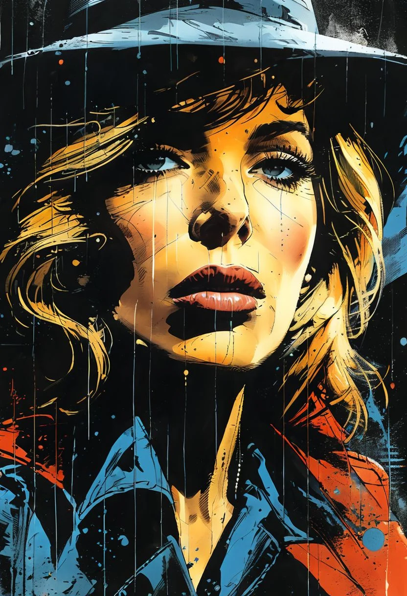 Monica Vitti portrait. Comic book print. Expressive, intense, mysterious, moody, artful, inspired, dramatic. Detailed Face. Diverse and balanced palette.
style of Frank Miller