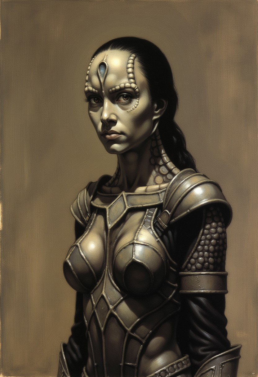 frank frazetta dark fantasy oil painting of a young female Cardassian alien with gray skin, forehead crest, neck ridges and scales, wearing heavy sci-fi battle armor