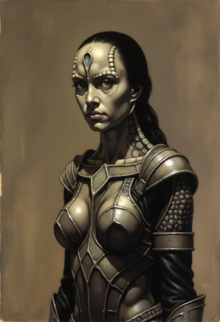 frank frazetta dark fantasy oil painting of a young female Cardassian alien with gray skin, forehead crest, neck ridges and scales, wearing heavy sci-fi battle armor