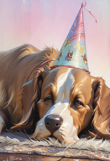 ArsMJStyle, Impressionism, oil painting, brushstrokes, masterpiece, high_quality, best_quality, closeup, dog, basset hound, brown and white fur, somber, pout, wearing party hat, lying on floor, Persian rug, gradient background, pastel background, contrast, ironic mood, dynamic angle, realistic,HassaKu_illu