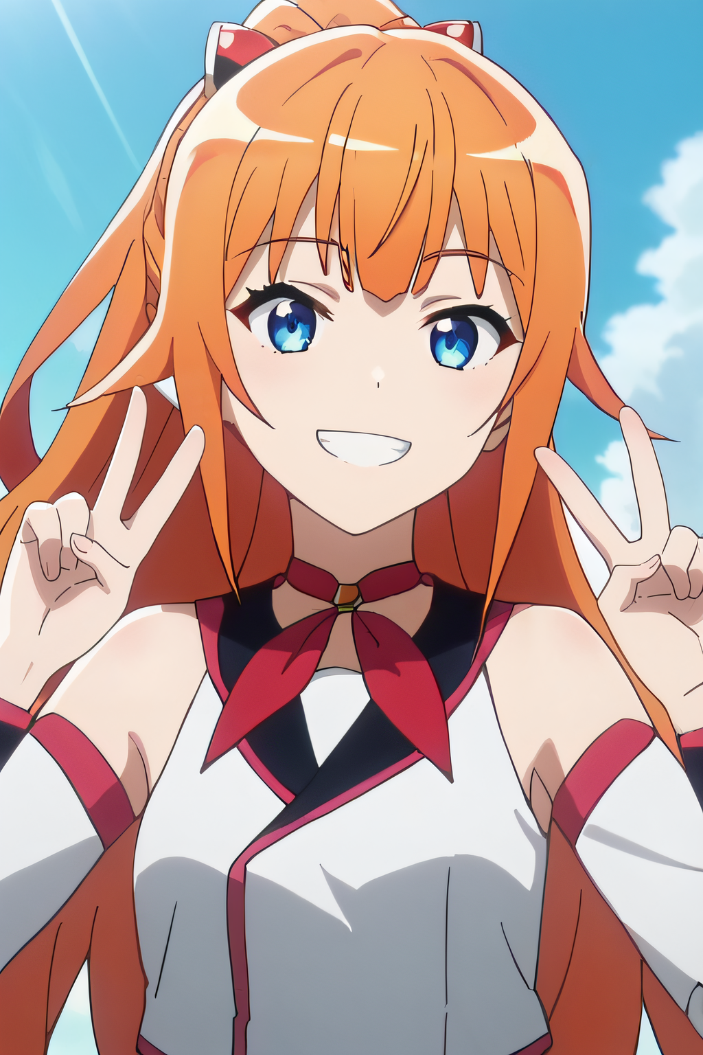 score_9, score_8_up, score_7_up, source_anime, rating_safe, intricate details, anime screencap, official style, solo, 1girl, <lora:Kinushima_Michiru:1>, kinushima, orange hair, long hair, ponytail, white shirt, bareshoulders, white detached sleeves, white skirt, red ribbon choker, looking at viewer, smile, outdoor, upper body, peace sing, grin, hands up