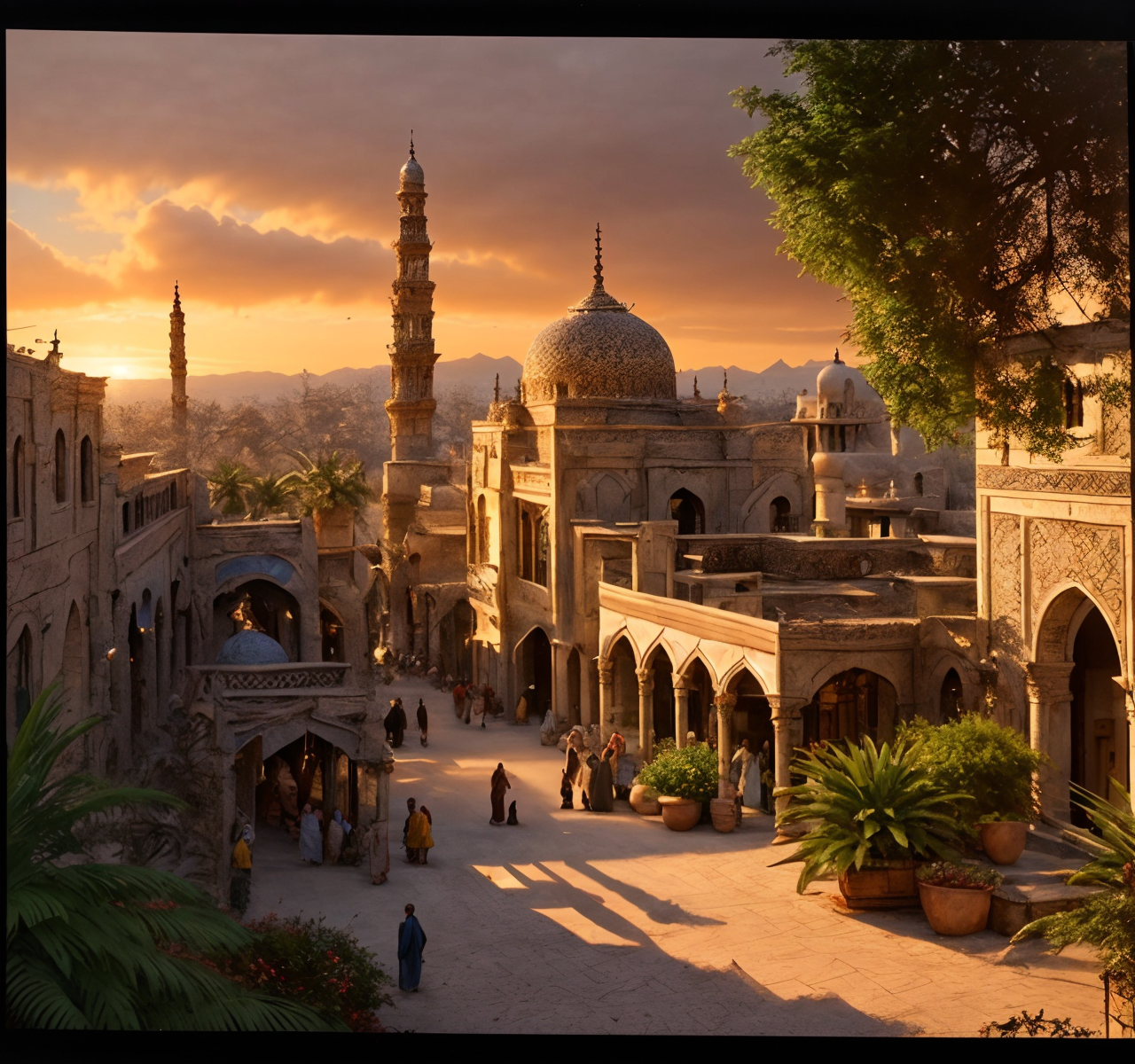 RAW photo, (masterpiece:1.3), subsurface scattering, heavy shadow, (high quality:1.4), (intricate, high detail:1.2), professional photography, HDR, High Dynamic Range, realistic, ultra realistic, photorealistic, high resolution, film photography, ambient lighting, atmospheric effects, <lora:detail_slider_v4:2>, OverallDetail,   <lora:Arabian_Town:1>, artow,6+boys, architecture, artow, building, castle, city, cloud, day, no humans, outdoors, palm tree, plant, potted plant, scenery, sky, sunset, traditional media, tree, epiCPhoto