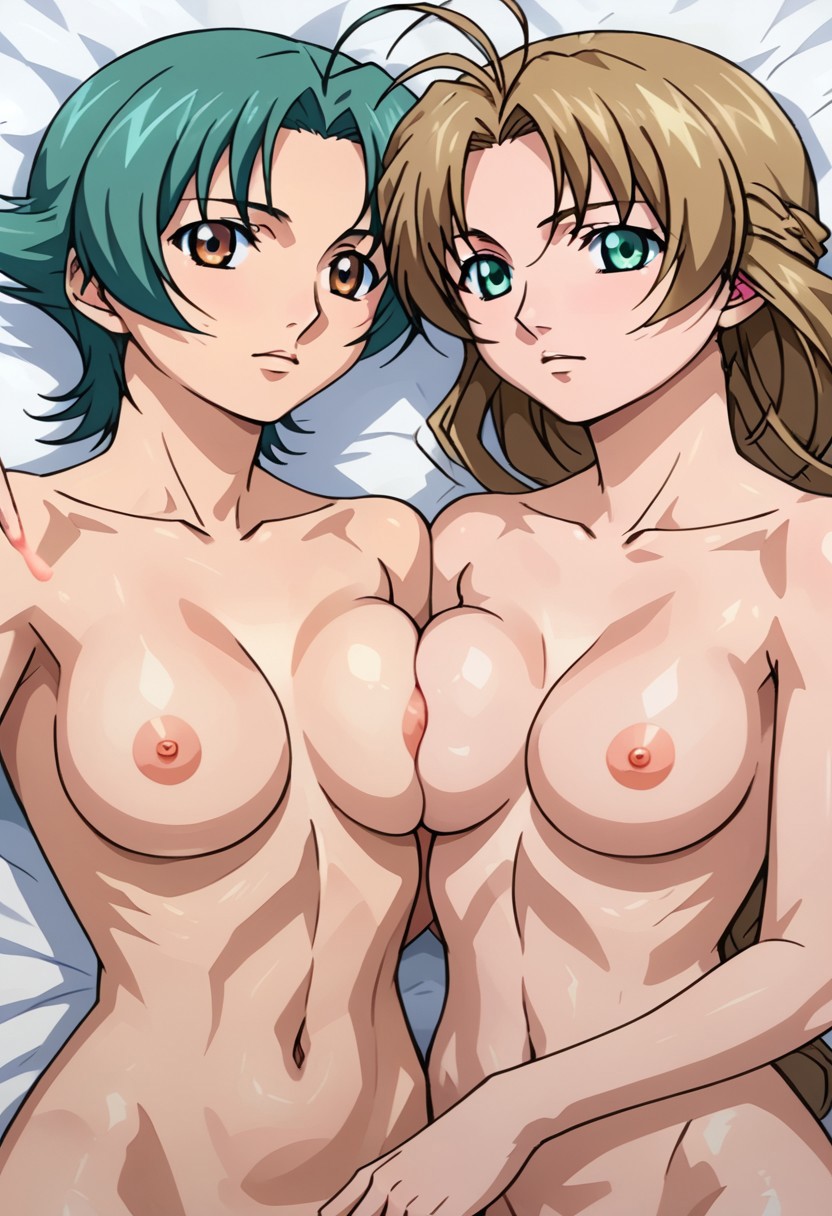 SCORE_9, SCORE_8_UP, SOURCE_ANIME, BREAK, DUO, 2GIRLS, FRONT VIEW, ITAZURA, AKI, SHORT HAIR, VIRIDIAN HAIR, BROWN EYES, BREAK, YUMI, LONG HAIR, BROWN HAIR, VIRIDIAN EYES, NUDE, HOLDING EACH OTHER, BREAK, IN BEDROOM, ON BED