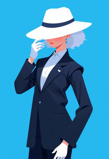 anime, cartoon, 2d flat illustration, illustration of woman in black suit with white gloves and hat, blue background, white hair, elegant pose, elegant earring, white sun brimmed wide-branched round hat, elegant pose, elegant composition, blue highlights
