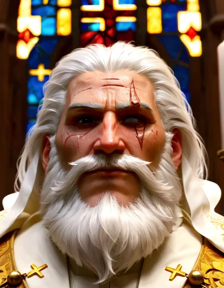 <lora:xlreinhardt-v2:1>,reinhardt,scar across eye,One eye is blind,beard,white hair,A pale priest in a church with a beam of light shining right on his face,close-up,looking divine,best quality,intricate details,