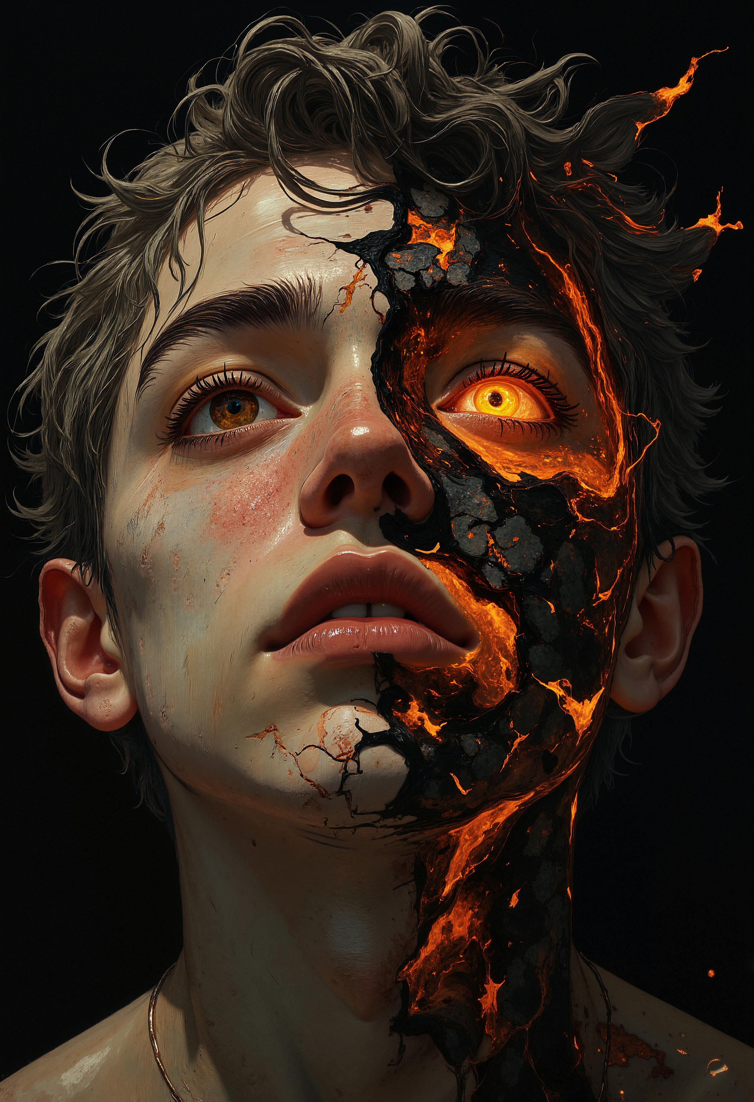 A surreal close-up of a human face where the skin appears to crack open like ceramic, revealing molten lava underneath. The cracks are glowing bright orange, and the person's eyes have an intense, fiery glow. The hair is a smoky gray, with embers flickering at the tips. The lighting is dramatic, casting harsh shadows that enhance the molten effect. The atmosphere is otherworldly and intense, with a burning, apocalyptic feel.    <lora:FLUX-daubrez-DB4RZ:0.83> DB4RZ, DB4RZ style painting, <lora:ILLUSTRATION_2_FLUX v2:0.53> <lora:Fantastic Realism - s0_8 g4:0.43> f4nt4st1c,