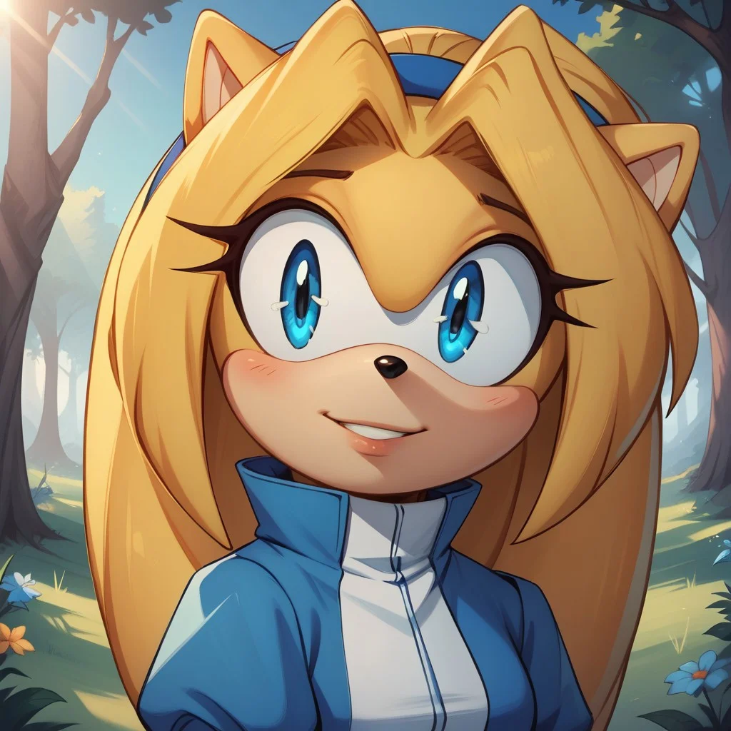 score_9, score_8, BREAK, maria_robotnik, sonic_(series), hedgehog_girl, blonde_hair, blue_hairband, blue_eyes, blue_dress, white_gloves, blue_footwear, sexy pose, self portrait, smile, outdoors, sunlight, shadows, evening lighting, natural lighting, forest, trees, grass, orange sky, sunset