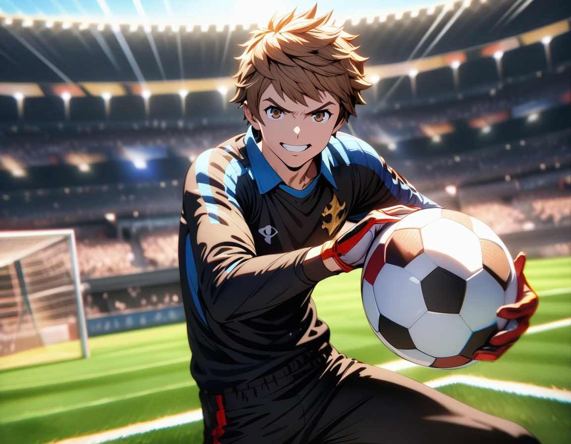 masterpiece, best quality, ultra detailed, highres,4k,(ultra-detailed:1.4) (illustration:0.5), (ray tracing,:0.8),(anime colored:0.7),(ai-generated:0.5),
1boy,solo,
gran \(granblue fantasy\), granblue fantasy,
casual wear,
grin,
<lora:captaintsubasakeeperXL2:0.8>,captaintsubasakeeper,
soccer ball, ball,gloves,holding ball,net, fence,goalkeeper,
action,looking at viewer,pitching,
solo focus,depth of field, audience, lens flare,
light rays,motion blur, blurry background,
emphasis lines,speed lines, soccer field,motion blur,motion lines, aura,