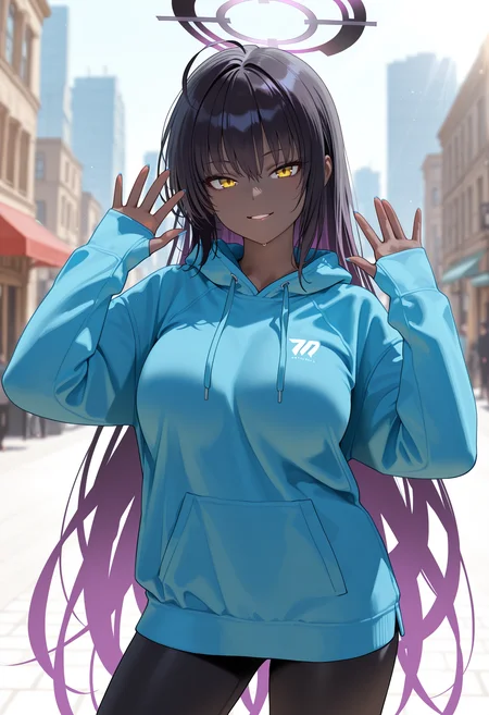 masterpiece, best quality, high score, great score, ultra-detailed, intricate details, very aesthetic, newest, hires, absurdres, 1girl, solo, karin \(blue_archive\), dark-skinned female, very dark skin, black hair, halo, <lora:ThumbHoleSleevesIllustrious:1>, blue hoodie, thumb hole sleeves, black leggings, blue nails, looking at viewer, parted lips, smile, hands up, standing, contrapposto, outdoors, sunlight, city, depth of field, blurry background