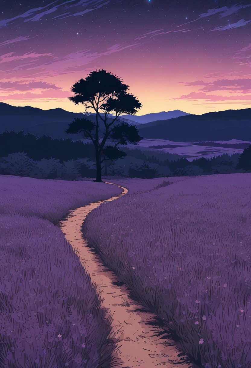 scenery, ((night, starry)), (Japanese anime style), wilderness, distant landscape,dirt road, purple lavender field, distant tree silhouette, sunset, fantasy, atmosphere of sadness, cool tone, minimum lighting, masterpiece, best quality, ultra-detailed