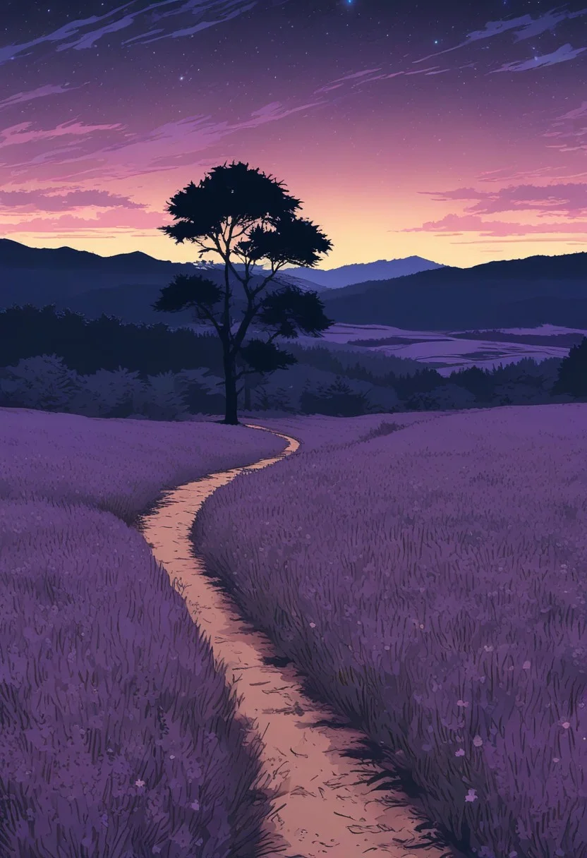 scenery, ((night, starry)), (Japanese anime style), wilderness, distant landscape,dirt road, purple lavender field, distant tree silhouette, sunset, fantasy, atmosphere of sadness, cool tone, minimum lighting, masterpiece, best quality, ultra-detailed