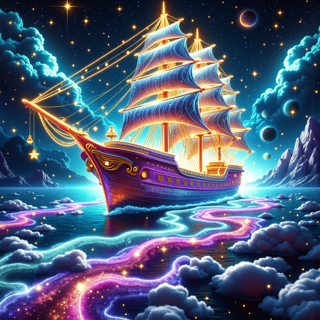 A Chr457m45m3rg3D0nMN3M1C   The sentient ship is a majestic, glowing vessel with iridescent hull plates that shift between hues of blue and purple, evoking the shifting colors of a nebula's edge. Its delicate, crystalline structure appears almost organic, as if grown from the very fabric of the cosmos. The ship's form blurs and shifts as it moves, leaving behind trails of glittering stardust in its wake. As it sails across the ocean of dreams, tendrils of light extend from its hull, weaving together to form a network of ethereal pathways that crisscross the surrounding waters. The river of stars flowing from the bursting nebula cascades down towards the ship, forming a shimmering veil of blue and gold that seems to pulse with an inner light. Stars and planets cling to the ship's hull like jewels, while the vessel's sails unfurl to reveal intricate patterns etched into their surface, glowing softly in harmony with the surrounding celestial landscape.
<lora:Chr457m45m3rg3D0nMN3M1CFlux:0.9>