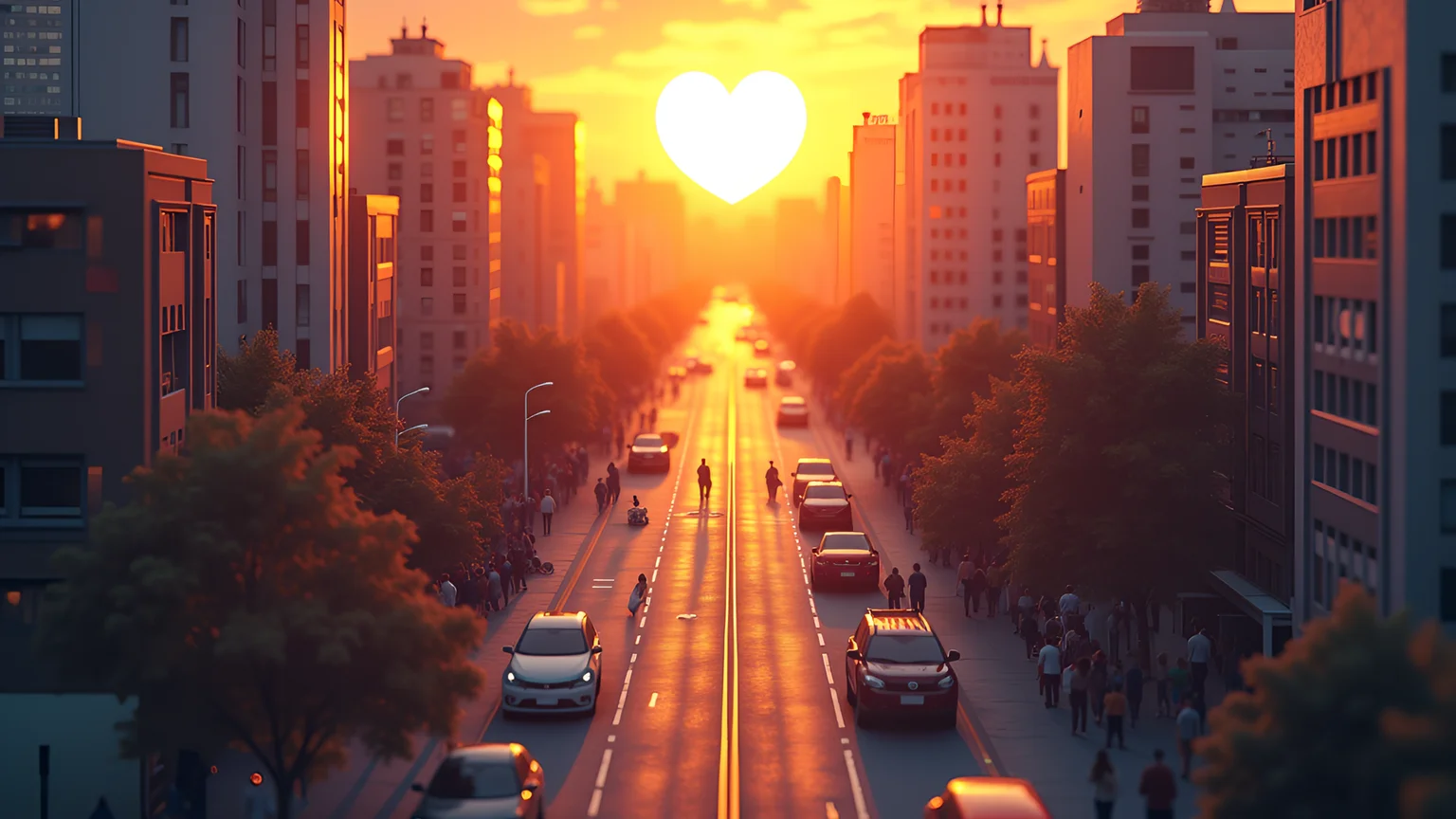 An early morning scene daybreak in a modern city, a hearth shape sun of crystal bright hearth rising in the horizon, its rays light the streets, lot of people are seeing awe the miracle of the hearth sun, aerial photo perspective, <lora:Isometrica_Flux:0.65> isometric In the style of isometric city region map Tilt shift
