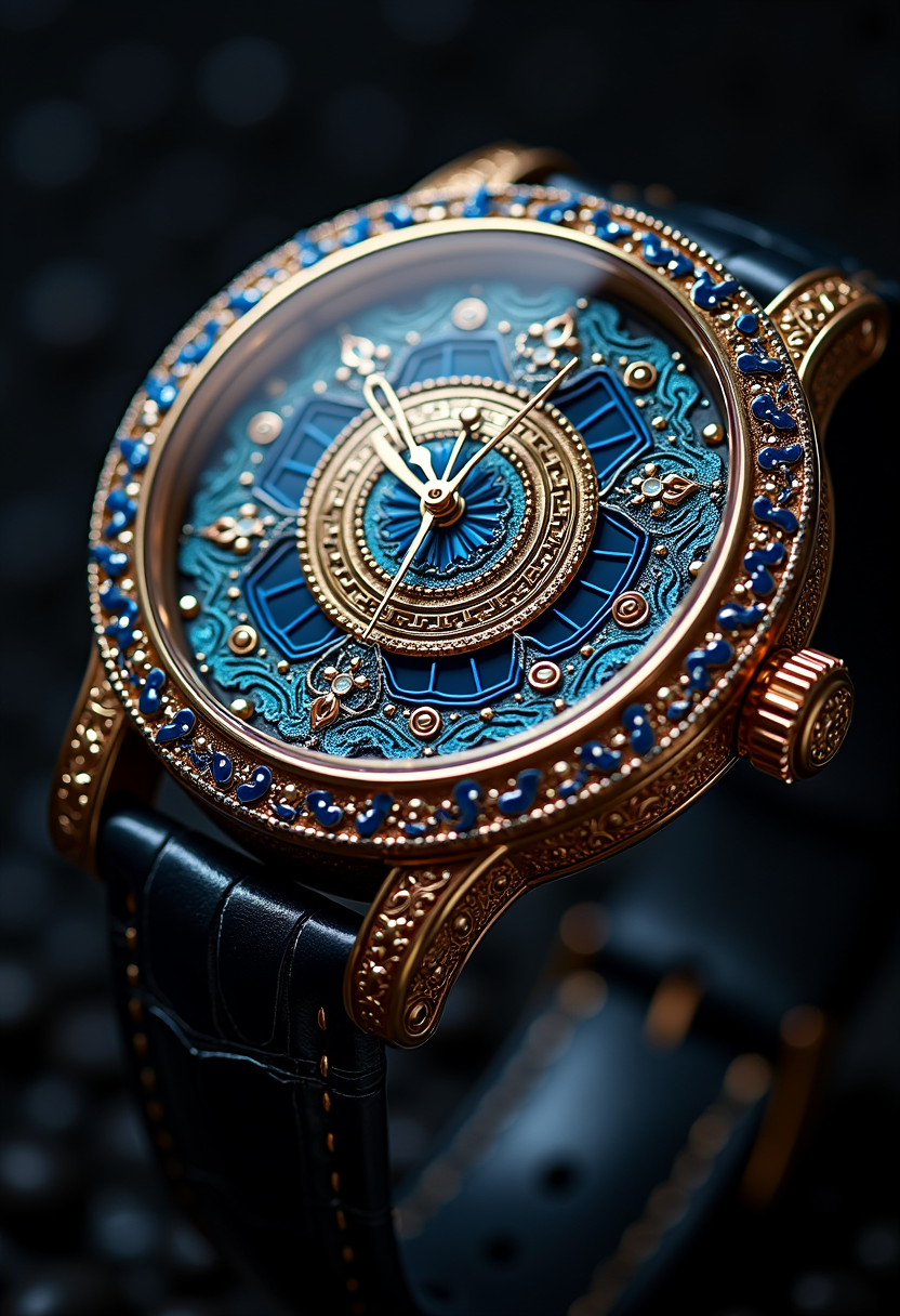 high quality, highly detailed, colorful, abstract, fantasy, fantasy background, The image is a close-up of a luxurious wristwatch with a unique design. The watch has a round, circular face with intricate patterns and designs. The center of the face is a deep blue color with a gold-colored circular design in the center. The design is made up of small, intricate lines and shapes that create a sense of depth and dimension. The outer edge of the watch is covered in a shimmering blue and gold color, while the inner edge is a lighter shade of blue. The overall effect is one of sophistication and elegance. The wristwatch has a black leather strap that wraps around the wrist, and a gold buckle that adds a touch of sophistication. The background is dark, making the watch stand out even more., ral-roasted<lora:FLUX\Enhancer\flux_vividizer.safetensors:0.8:0.8> <lora:FLUX\Style\ral-roasted-flux.safetensors:0.6:0.6>