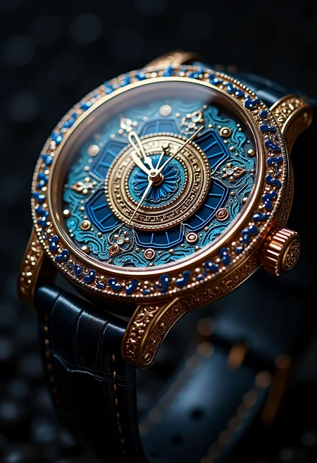 high quality, highly detailed, colorful, abstract, fantasy, fantasy background, The image is a close-up of a luxurious wristwatch with a unique design. The watch has a round, circular face with intricate patterns and designs. The center of the face is a deep blue color with a gold-colored circular design in the center. The design is made up of small, intricate lines and shapes that create a sense of depth and dimension. The outer edge of the watch is covered in a shimmering blue and gold color, while the inner edge is a lighter shade of blue. The overall effect is one of sophistication and elegance. The wristwatch has a black leather strap that wraps around the wrist, and a gold buckle that adds a touch of sophistication. The background is dark, making the watch stand out even more., ral-roasted<lora:FLUX\Enhancer\flux_vividizer.safetensors:0.8:0.8> <lora:FLUX\Style\ral-roasted-flux.safetensors:0.6:0.6>
