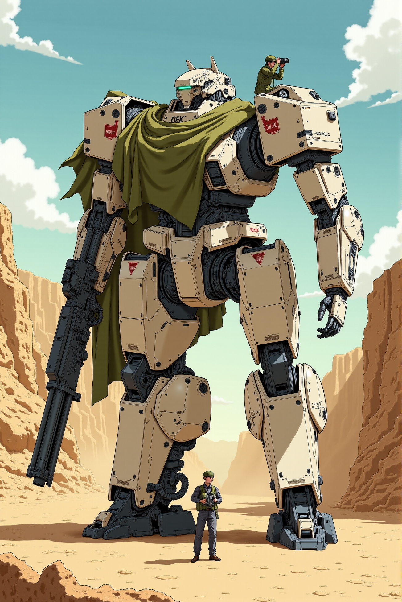 <lora:Mecha_Anime_style_v.1:0.8> A towering desert-camouflaged mech rests partially crouched in a dusty canyon under a cloudless sky, its weathered off-white armor etched with deployment numbers and insignias, flanked by a tattered olive-green tarp draped like a cloak over its back and shoulders. The mechâs massive proportions dominate the composition, seen from a low-angle perspective that emphasizes scale and mechanical detailâits fingers clutching a colossal launcher, while hydraulic joints and surface plating bear the grime of prolonged field duty. Human figures at its feetâone peering through binoculars, another seated on the armor platingâoffer a poignant contrast in scale and mood, evoking themes of companionship, endurance, and quiet awe. Sunlight softly illuminates the scene, casting warm ambient tones across scuffed panels and terrain, while subtle painterly linework and grainy textures reinforce the melancholic, post-conflict atmosphere reminiscent of grounded war anime aesthetics.