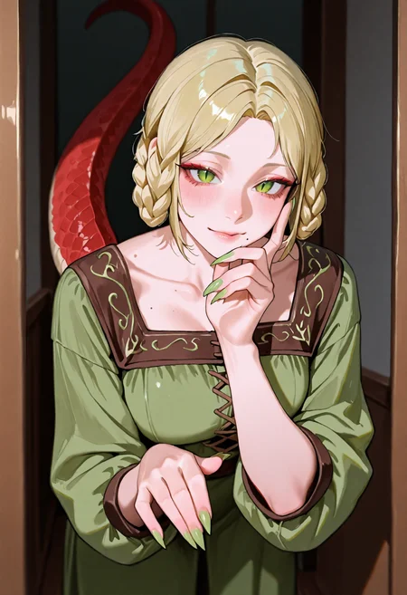 depth of field, ambient occlusion, ccrs, 1girl, solo, pillarboxed, traditional media, reptile girl, blonde hair, short hair, braided hair rings, parted bangs, green eyes, slit pupils, mole under mouth, green nails, sharp fingernails, lizard tail, long tail, red tail,