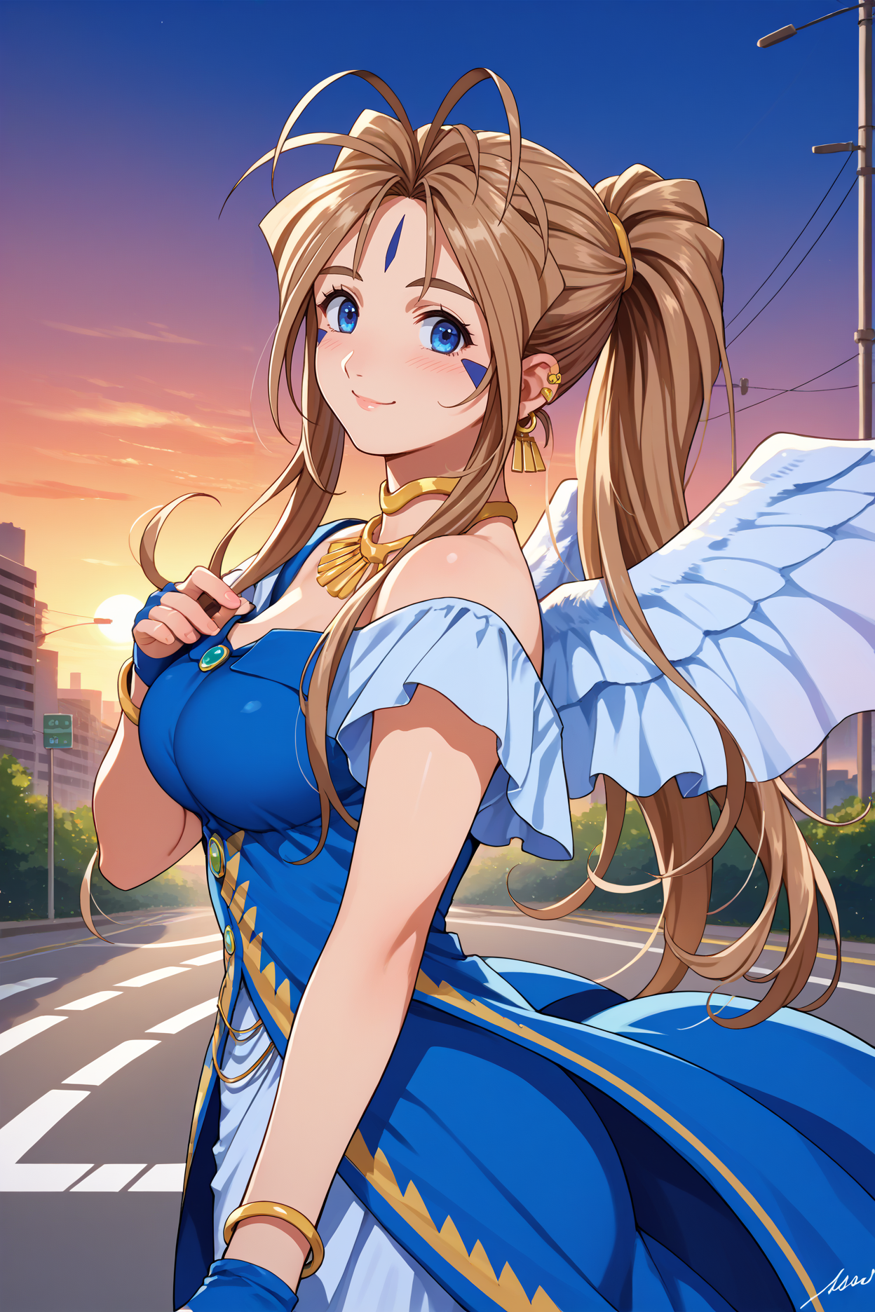 score_9, score_8_up, score_7_up, score_6_up, source_anime, 1girl, solo,  <lora:belldandy-pdxl-nvwls-v1-000006:1> amgBDD, brown hair, ponytail, antenna hair, blue eyes, forehead mark, facial mark, necklace, gold ear piercings, earrings, blue and white dress, off-shoulder dress, blue gloves, fingerless gloves, bracelet,  white skirt, angel wings, large breasts, blue sky, 1990s \(style\), looking at you, sunset, road, city, smile, blush, from side