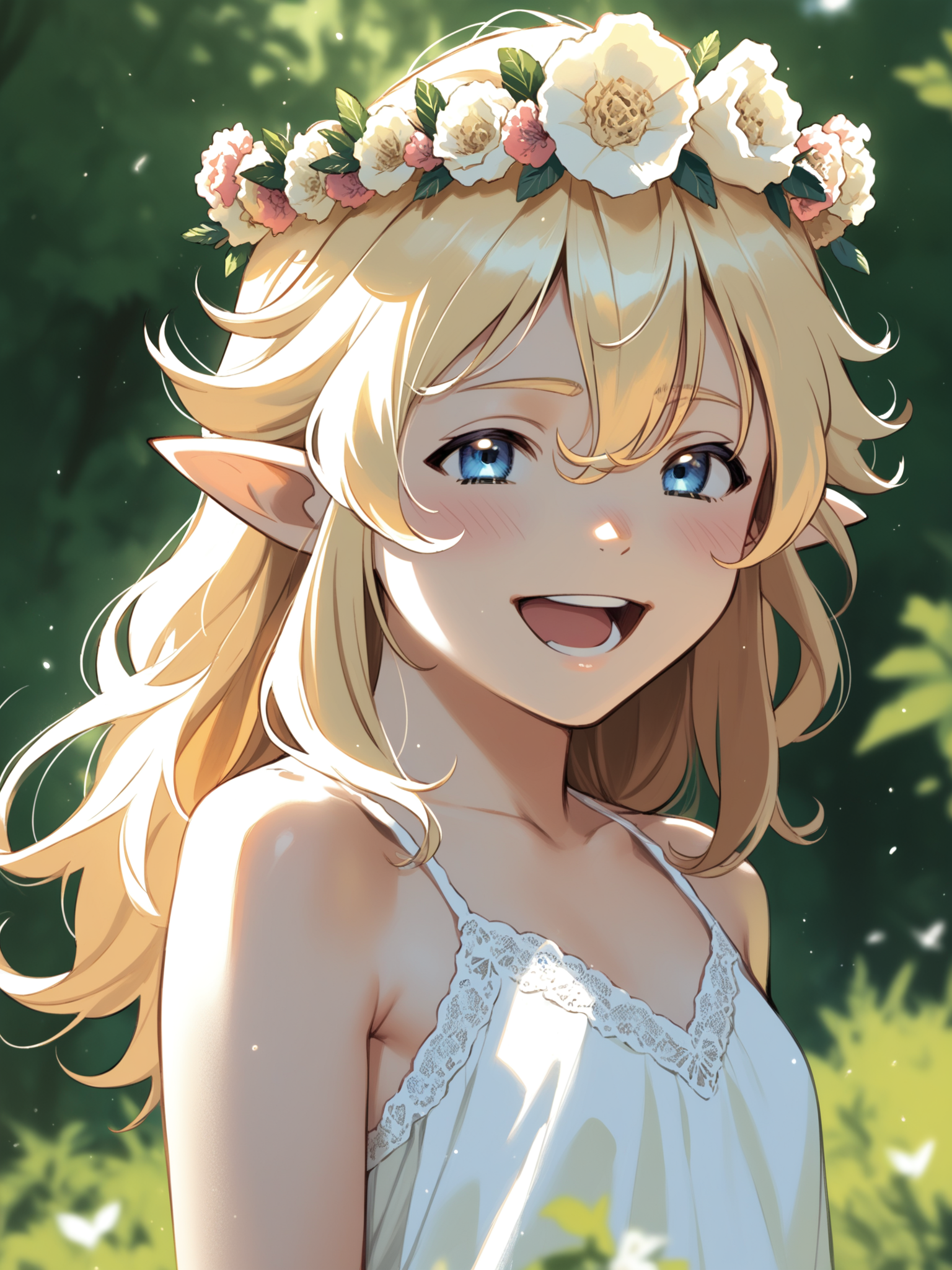 <lora:happy_tentacle-tsuruelko-v0.1-000011:1>, ht_tsuruelko, head wreath, blonde hair, small breasts , smile, open mouth, outdoors, day cowboy shot, 1girl, solo focus, (looking away:1.1), sidelighting, (depth of field:0.8), , [(realistic, photorealistic:1.1):(realistic:1.3):22], [(3d:1.2)::10], <lora:LUUNA's Lunas-NijiJourney-SDXL-B2:0.6>, nijijourney, <lora:prgfrg23's Counterfeit-V3.0 Style SDXL_LoRA_Pony Diffusion V6 XL:0.3> score_9, score_8_up, score_7_up, score_6_up, score_5_up, score_4_up
