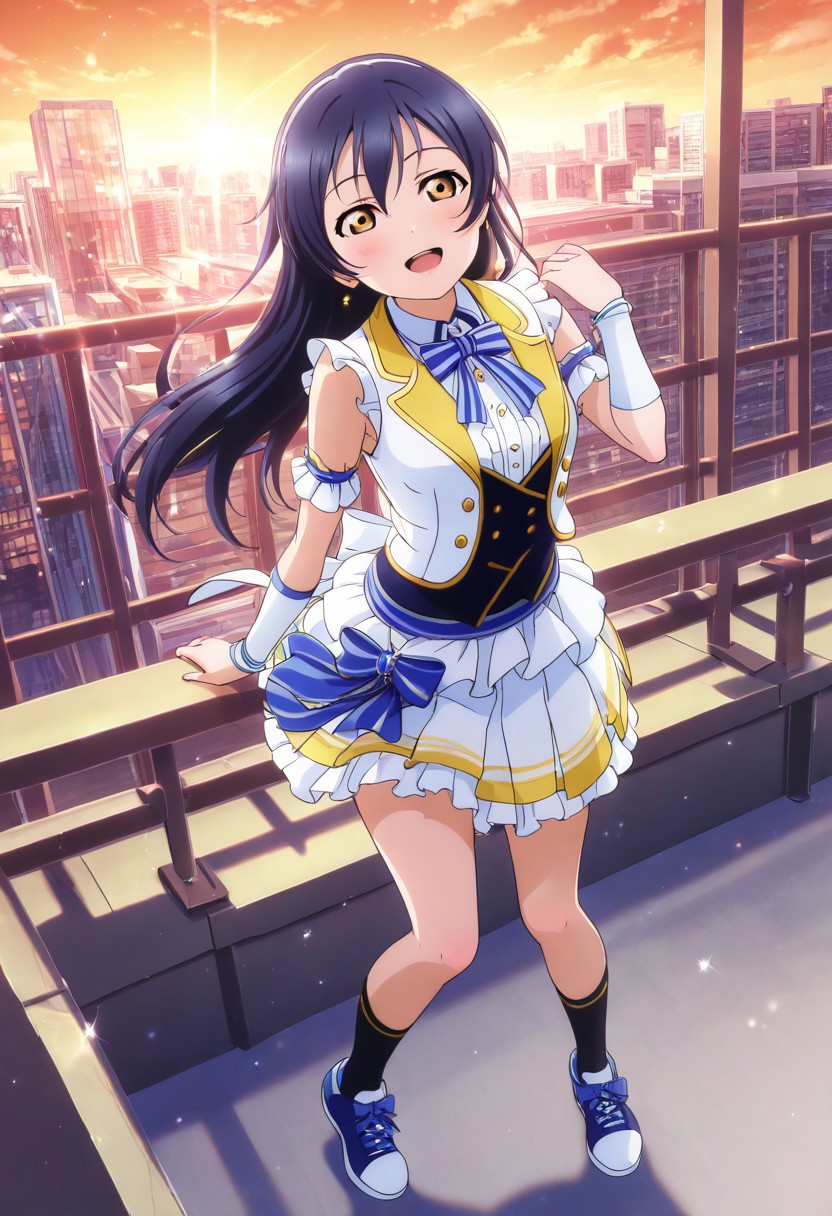 masterpiece, best quality, solo, 1girl, aged up, happy, 
 umi_sonoda, sonoda_umi, long hair, bangs, hair between eyes, blue hair, brown eyes, sporty idol outfit, sleeveless jacket, pleated mini skirt, arm warmers, blue sneakers, rooftop stage at sunset, strong wind blowing her hair, city in golden light below, passionate expression, dynamic and intense performance