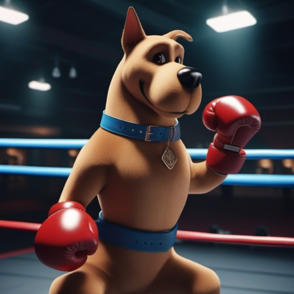 cinematic photo an anthropomorphic  dog with a collar and boxing gloves on a boxing-ring <lora:ScoobyDoo1024:0.8> . 35mm photograph, film, bokeh, professional, 4k, highly detailed
