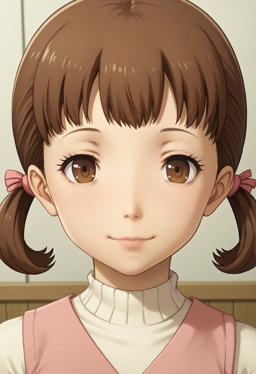 <lora:Hyper-SDXL-8steps-lora:1> score_9, score_8_up, score_7_up, best quality, uncensored, source_anime,
BREAK
front view, little smile, closed mouth, standing, looking at viewer, upper body, portrait, close-up face, facing viewer, indoors,
no background, white background, 1girl, (blush:-1.2),
<lora:P4-doujima_nanako_XL(pony&ill)_beta:1> doujima nanako, brown hair, low twintails, brown eyes, pink dress, white sleeves, red skirt, white socks, red shoes,