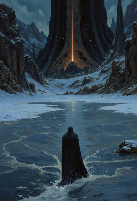 The haunting image of a frozen lake in the stark, bleak midwinter of Mid-World, with the reflection of the Dark Tower piercing the icy surface like a needle. Snowflakes gently fall, each one whispering secrets of the Tower as they melt upon touching the frozen expanse.