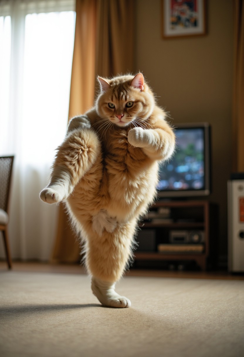 a fluffy cat in drunken-fist-style martial arts fight stance, high kick, volumetric lighting, moody, detailed realistic fluffy fur, standing in beige/pastell 80s cozy living room, old tv and retro game console background, curtains,