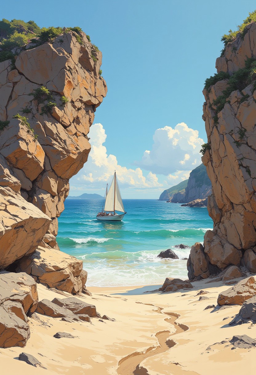 Create a photorealistic image of a tranquil coastal scene, a white old sailing boat is focus. The image is dominated by a large, rugged rock formation on the left and a smaller but equally imposing rock on the right, framing the view of the sea beyond. The rocks have a rough texture and appear to be made of light brown sandstone. The sand in the foreground is fine and light beige, with footprints leading into the scene.In the background is the sea. The sky above is clear,  a white sailboat is visible on the ocean, a vibrant tissue of hues and textures captured digitally, best quality, realistic, captivating, intricately detailed, hyper detailed, maximalist style, dynamic lighting, superb composition, finest details, highest aesthetics, best quality, sharp focus, high contrast, stylized, clear, colorful, ultra quality, whimsical, fantastic, splash art, intricate detailed, hyperdetailed, maximalist style, hyper detailed, maximalist style,  concept art, sharp focus, harmony, serenity, calm, mysterious glow, dynamic lighting, superb composition, sharp focus, high contrast, stylized, clear, colorful, ultra quality,  best quality, DB4RZ, DB4RZ style painting, NeoPigma, in the style of cksc, anime, cyberpunk, a masterpiece, award winning