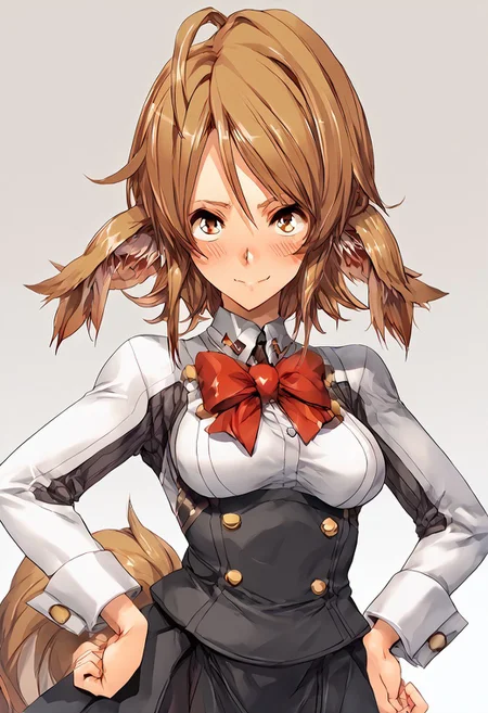 score_9, score_8_up, score_7_up, score_6_up, score_5_up, score_4_up, BREAK, <lora:cmarket0826-sdxl-000028:1>, noa riads, 1girl, solo, breasts, blush, smile, short hair, simple background, brown hair, long sleeves, fluffy tail, ahoge, animal ears, dog ears, medium breasts, swept bangs
shiny skin, school uniform, red bowtie, white shirt, black skirt, hands on hips, frown, blush, looking at viewer,
upper body, Eye focus
Artist Style: Urushihara Satoshi
headpat, pov hands