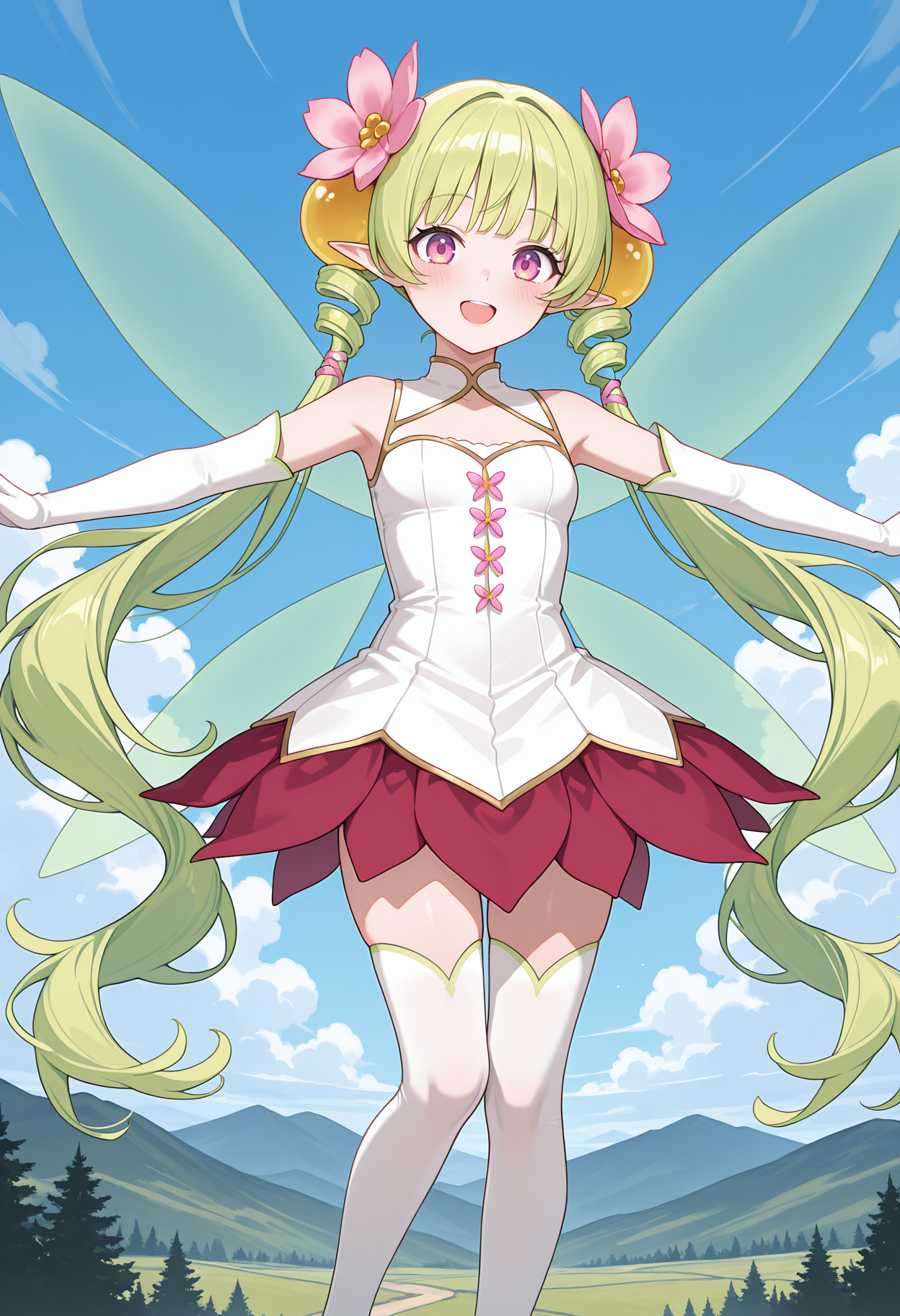 highres, best quality, masterpiece, outdoors, 
1girl, solo, pcrdfio, very long hair, green hair, twintails, drill hair, hair ornament, hair flower, pink flower, purple eyes, pink eyes, fairy, fairy wings,
white dress, sleeveless dress, clothing cutout, red skirt, white gloves, elbow gloves, white thighhighs,
looking at viewer, blush, smile,
floating, blue sky, midair, open mouth, spread arms, 
<lora:_fio_pcr-elesico-ilxlB-000013:1>