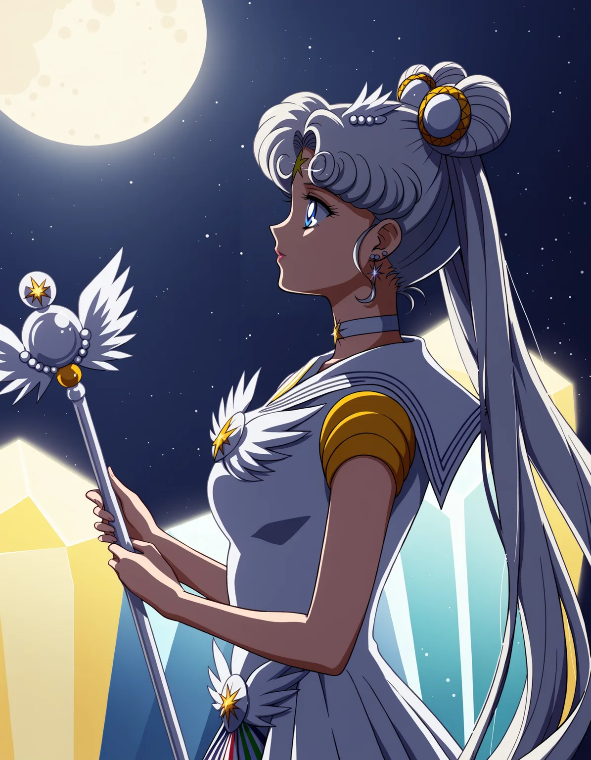 CMYKDSK_Light, Sailor Cosmos, mature female, (clothes lift:1.3), (scenery:1.11), sailor cosmos, 1girl, solo, choker, sailor senshi uniform, jewelry, double bun, long hair, white choker, sailor collar, blue eyes, hair bun, twintails, magical girl, white sailor collar, moon, earrings, full moon, facial mark, hair ornament, staff, white hair, forehead mark, from side, crystal, crescent, score_9, score_8_up, score_7_up, score_6_up, <lora:SailorCosmosPnyXL:0.8>