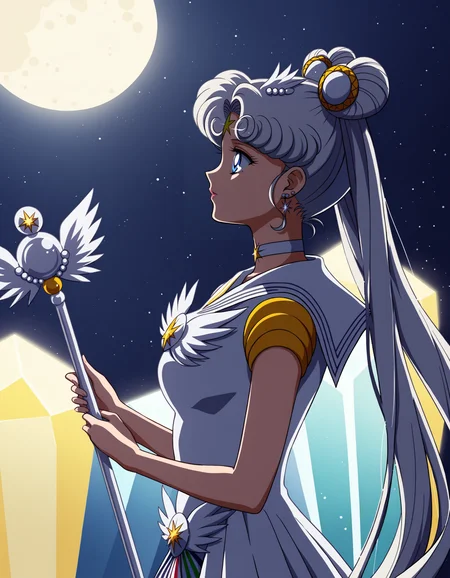 CMYKDSK_Light, Sailor Cosmos, mature female, (clothes lift:1.3), (scenery:1.11), sailor cosmos, 1girl, solo, choker, sailor senshi uniform, jewelry, double bun, long hair, white choker, sailor collar, blue eyes, hair bun, twintails, magical girl, white sailor collar, moon, earrings, full moon, facial mark, hair ornament, staff, white hair, forehead mark, from side, crystal, crescent, score_9, score_8_up, score_7_up, score_6_up, <lora:SailorCosmosPnyXL:0.8>
