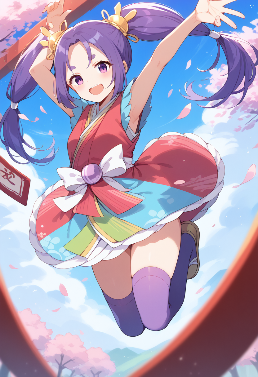 score_9,score_8_up,score_7_up,score_6_up,score_5_up,score_4_up,masterpiece,best quality,(arched_back:1.1),aerial,1girl,solo,iroha_ppn,purple eyes,purple hair,long hair,twintails,short eyebrows,thick_eyebrows,hair ornament,low-tied long hair,kimono,japanese clothes,sleeveless,multicolored clothes,purple thighhighs,<lora:irohappn:1>,card,legs up,open mouth,smile,jumping,legs_together,outstretched_arm,arms_up,armpits,cherry blossoms,shrine,dynamic_angle,from_below,looking_at_viewer,from_side,