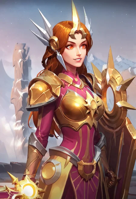 masterpiece, best quality, highly detailed, score_9, score_8_up, Leona, 1girl, sunny, brown hair, orange eyes, long hair, day, weapon, armor, breasts, parted lips, orange armor, crown, hair accessories, smile, sword, shield, upper body, <lora:Base_Leona_LoL_PonySDXL:0.8>