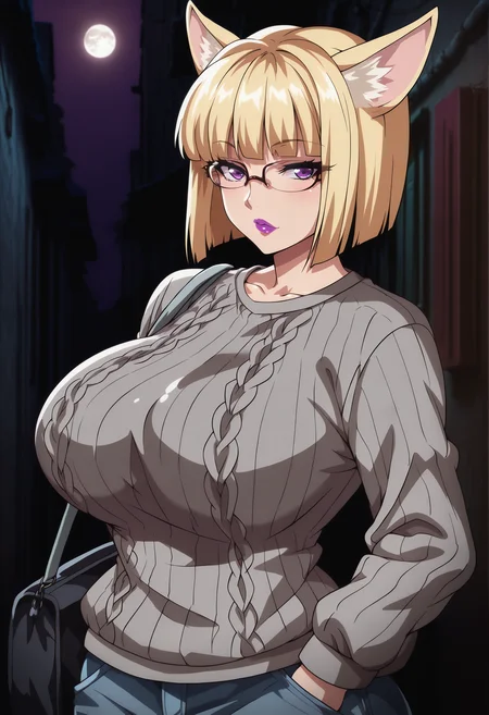 masterpiece, best quality, anime coloring, shiny skin, <lora:antechinusStyle_illusXL_Incrs_v2-000016:1>, 1girl, blonde, bob cut, fennec ears, purple eyes, glasses, purple lips, large breasts, aran sweater, gray sweater, jeans, bag, hand in pockets, alley, outskirt, night, moon, very aesthetic, absurdres